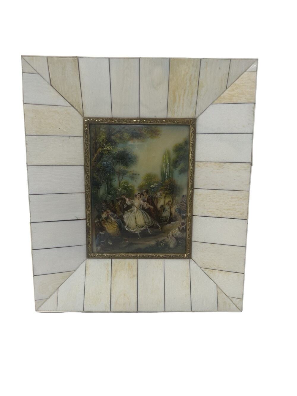 Vintage Italian Miniature Garden Scene Landscape Paintings Inlay Frame Brass